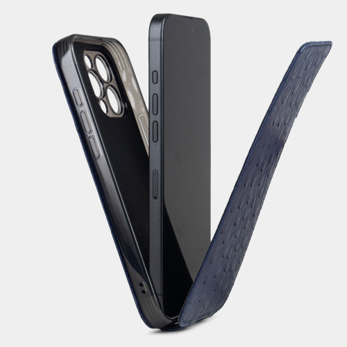Кожаный чехол для iPhone 16 Pro Max, страус синего цвета