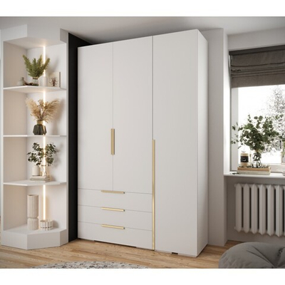 Распашной трехсекционный шкаф Мори - 6 (с 3 ящиками) Белый Снег 8685 BS  150*50*260