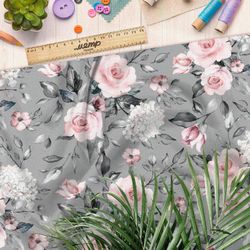 Ткань саржа бело-розовые цветы на сером