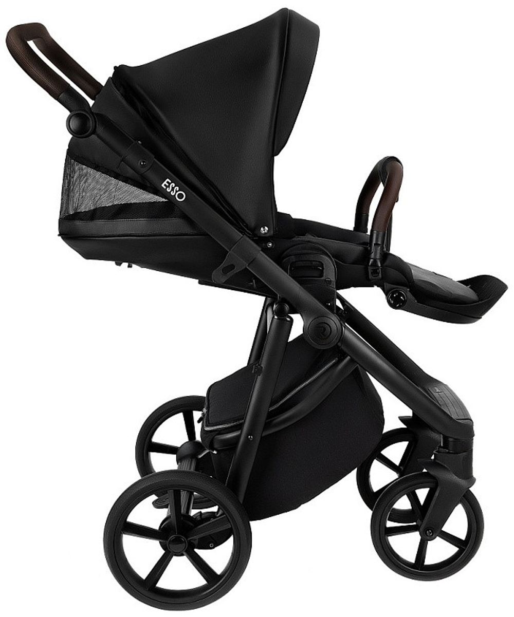 Детская коляска Roan Esso Кожа 3 в 1 с автокреслом Tutis Elo Lux EduSky Black ESSK/210/1 Black /Black/руч.Тем.коричневый