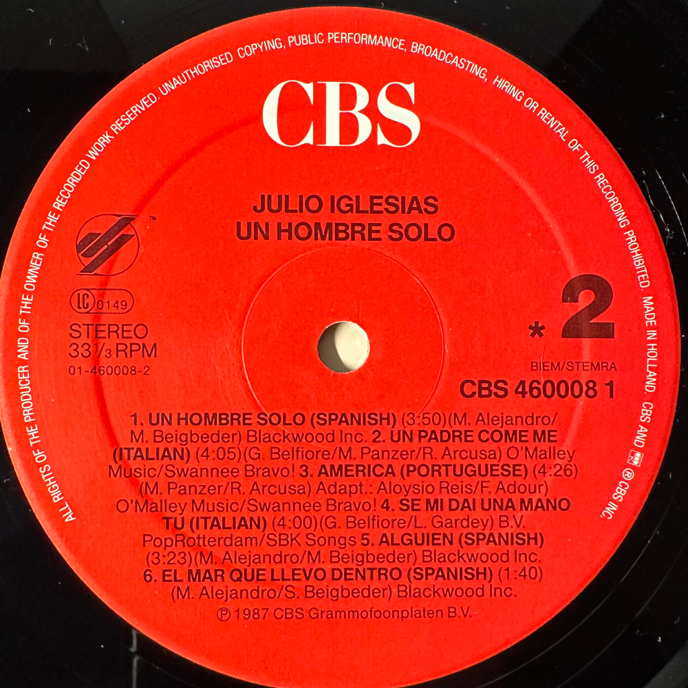 Julio Iglesias ‎– Un Hombre Solo (Голландия 1987г.)
