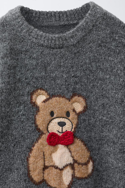 ZARA ВЯЗАНЫЙ ДЖЕМПЕР С МЕДВЕДЕМ, СЕРЫЙ МЕЛАНЖ