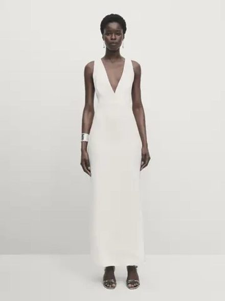 Massimo Dutti Льняное платье миди с контрастными деталями сзади - Studio, белый