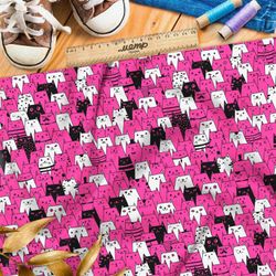 Ткань шелк Армани розовые, белые и чёрные коты