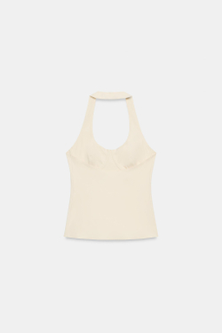 ZARA ТОП ХАЛТЕР ИЗ ПОЛИАМИДА, ЦВЕТ СЛИВОЧНОГО МАСЛА
