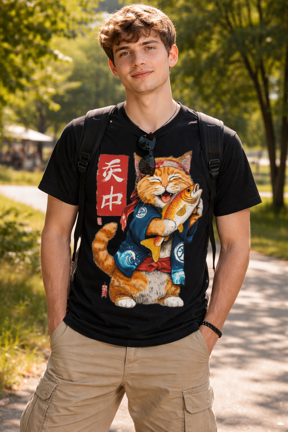 Футболка с принтом "Кот и рыба" ДТФ