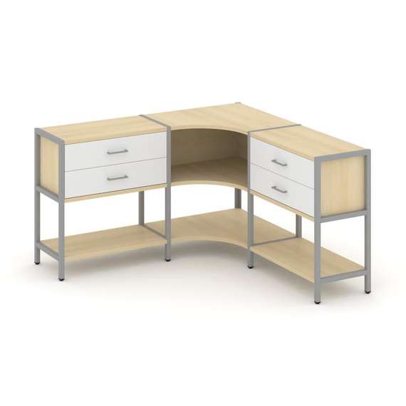 Shelf System Трехсекционный угловой стеллаж двухярусный с ящиками SN.STMU-231 Акация Лорка/Белый/Мет