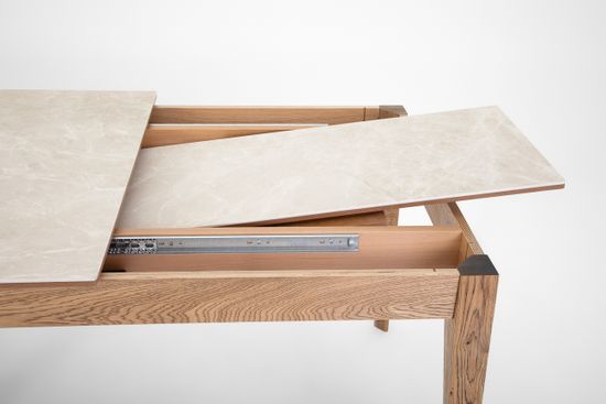 Стол Франк (дуб/нога светлый дуб с чёрной патиной/столешница керамика жемчуг)