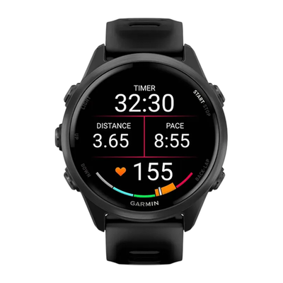 Спортивные часы Garmin Forerunner 570, 42 мм, силиконовый ремешок цвета «полупрозрачный чёрный»/чёрный Сланцево-серый алюминиевый безель, AMOLED-дисплей с Gorilla Glass 3. Ремешок с классической застёжкой — на запястье обхватом 115–178 мм