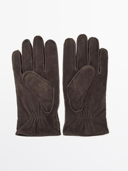 Massimo Dutti Перчатки из козьей кожи с замшевой выделкой, серый