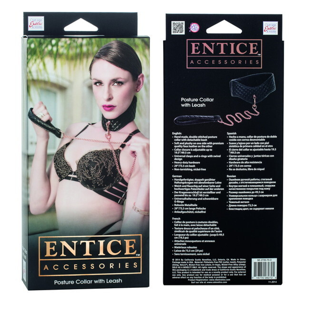 Кожаный простроченный ошейник с поводком-цепью Posture Collar with Leash (Цвет: черный с золотым)