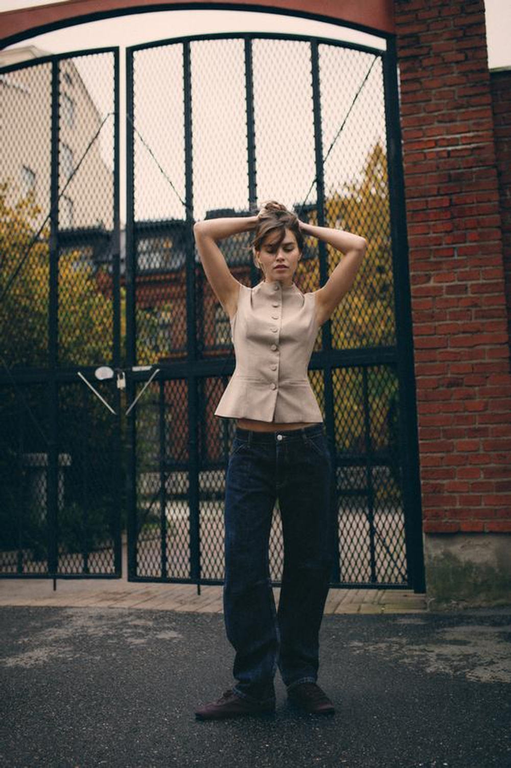 ZARA ТОП В КЛЕТКУ С ПУГОВИЦАМИ, ОТТЕНОК КОРИЧНЕВОГО