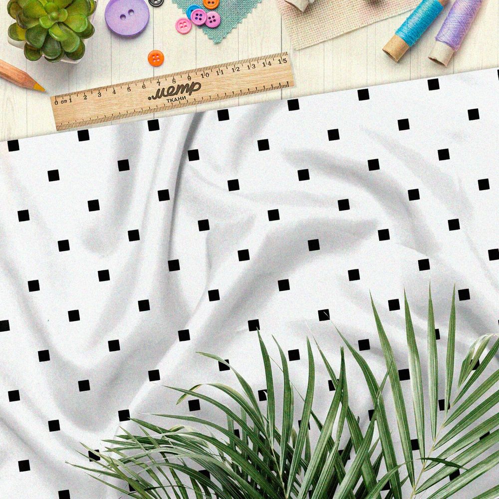 Ткань бифлекс мелкие квадратные точки на белом фоне