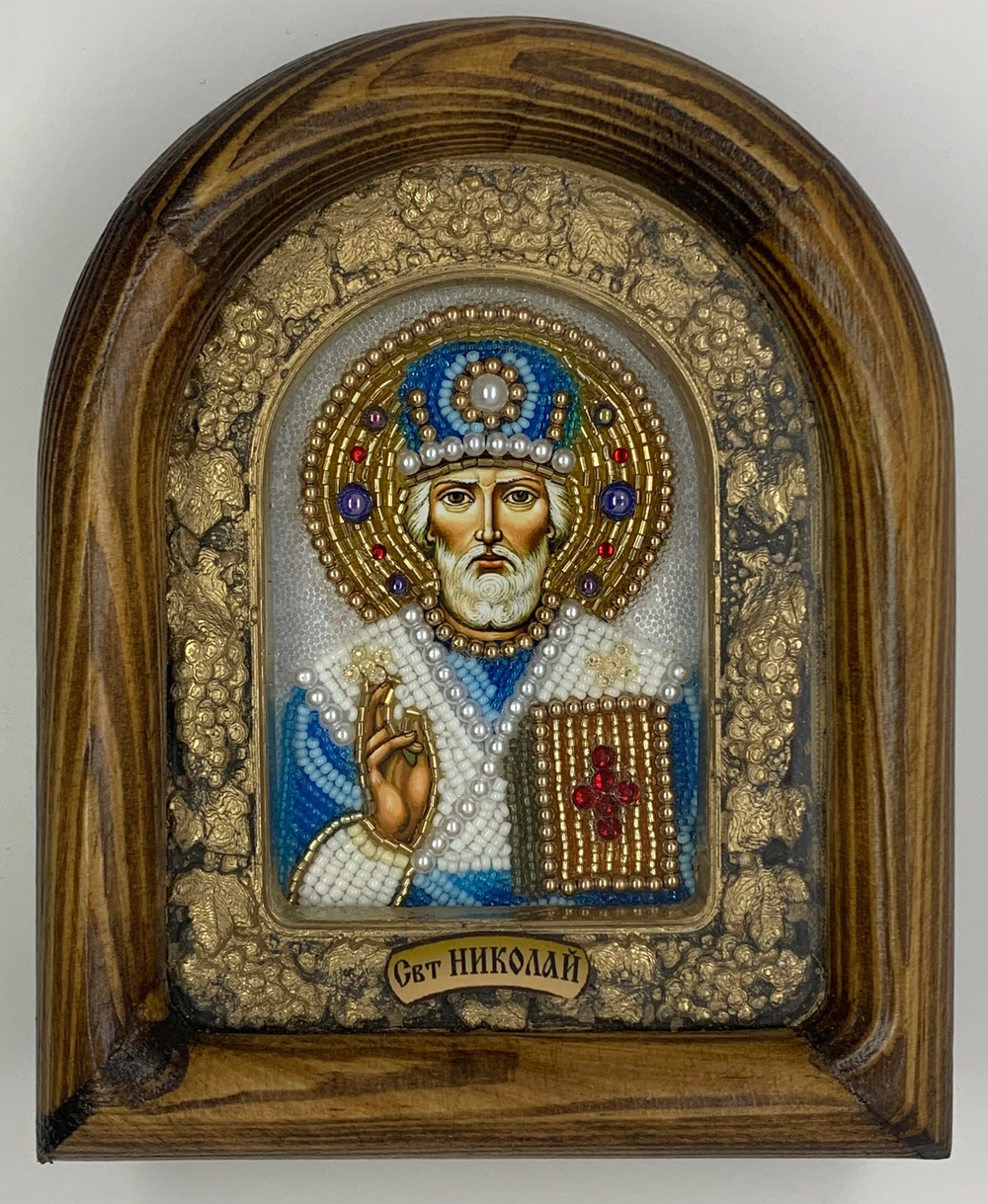 Дивеевская икона с рукописным ликом из бисера Николая Чудотворца