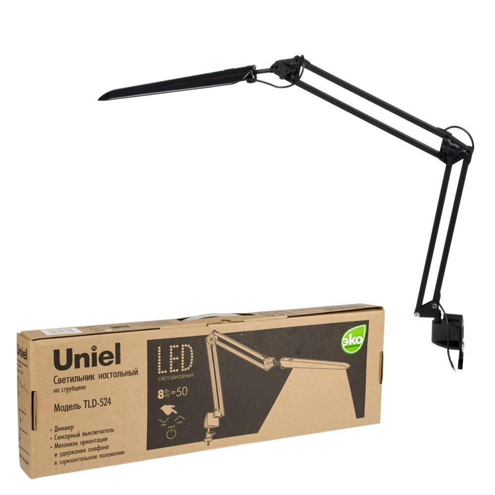 TLD-524 Black-8W-Светильник настольный на струбцине-LED-500Lm-4500K-Dimmer-Цвет-черный