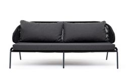 "Милан" диван 3-местный плетеный из роупа, каркас алюминий темно-серый (RAL7024) муар, роуп темно-серый круглый, ткань темно-серая 027