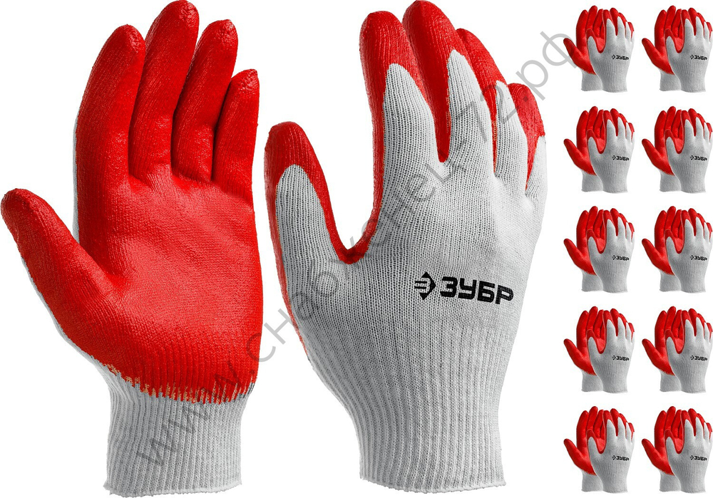 ЗУБР УНИВЕРСАЛ эластичные, натуральный хлопок, 10 пар, размер L-XL, перчатки с латексным обливом (11458-K10)