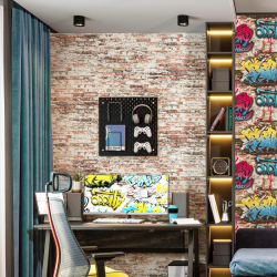 Обои виниловые Home Color, компаньон Daim HC71907-44, молодежный дизайн, светящиеся обои в комнату подростка, граффити кирпичная стена, раппорт 64 см, размер 1,06х10м