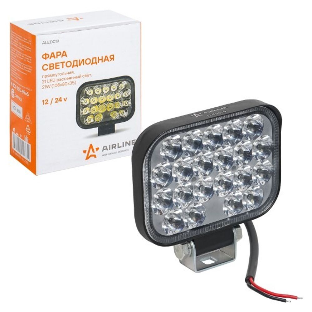Фара светодиодная дополнительная 21 LED 21W 12-24V (прямоугольная) 108*80*35 направленный свет, PLUS (AIRLINE)