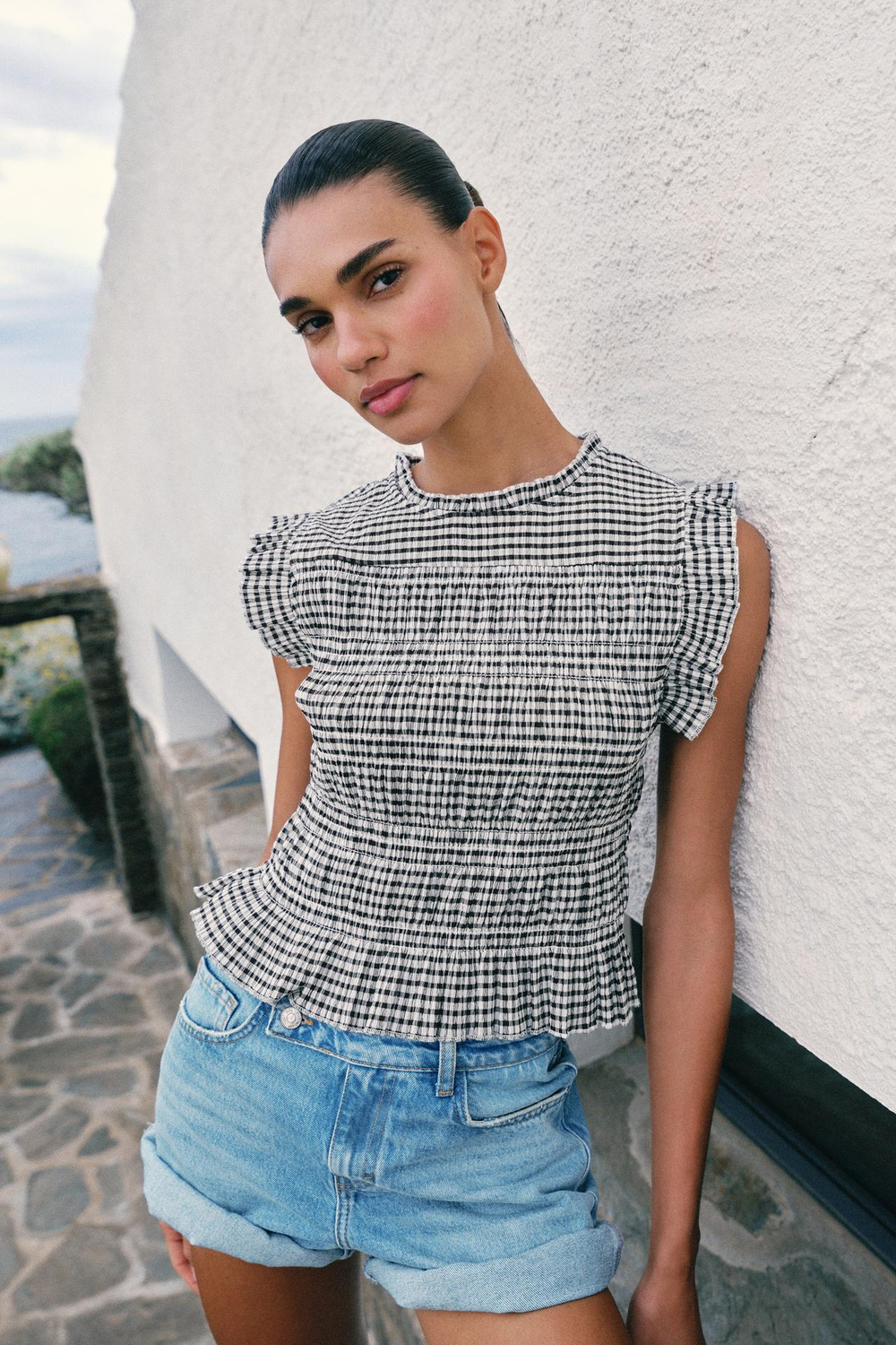 ZARA ТОП В КЛЕТКУ ВИШИ С ЭФФЕКТОМ ЖАТКИ, КОРИЧНЕВЫЙ/ЭКРЮ
