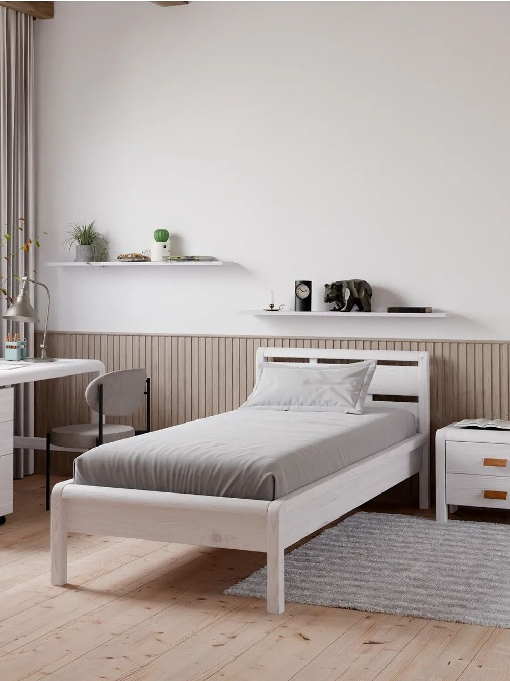 Кровать 90х200, Мадейра, односпальная, массив сосны с основанием, белый, Dipriz