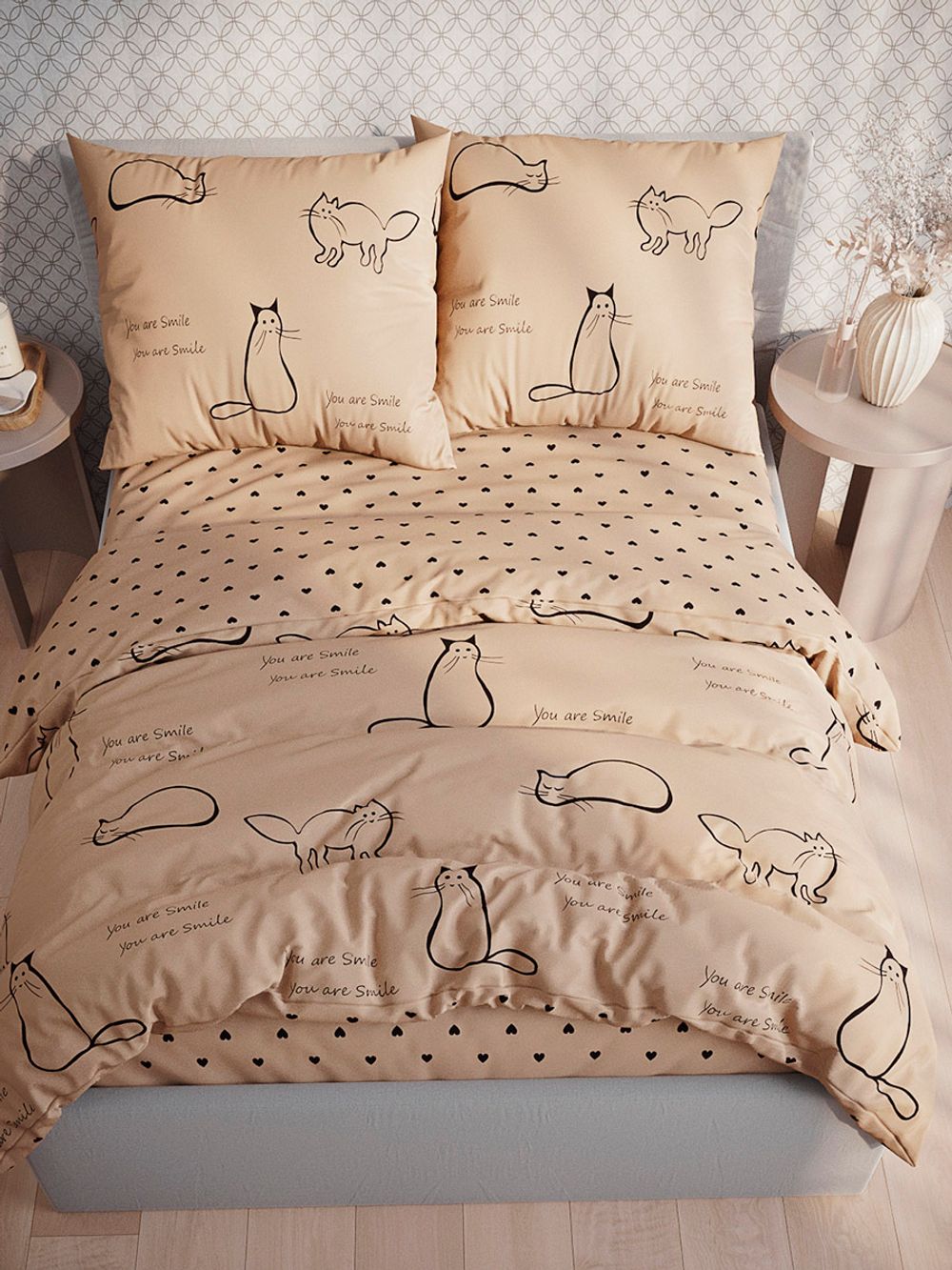Пододеяльник перкаль Сказка "Котики (беж)/Адель" евро на молнии 200x215 см