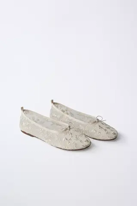 ZARA БАЛЕТКИ С ВЫШИВКОЙ, ЭКРЮ