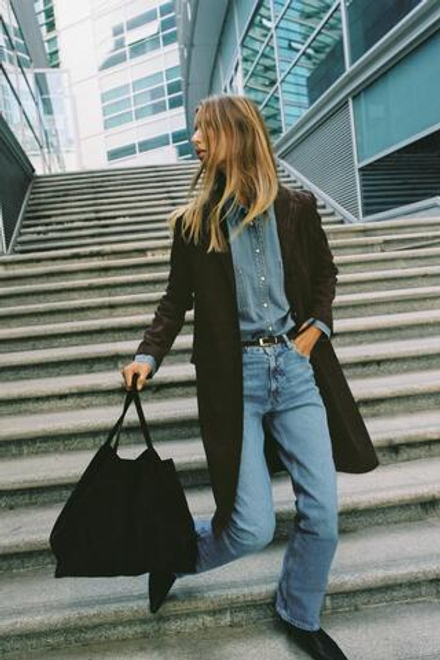 ZARA ПАЛЬТО-СЮРТУК ИЗ ТКАНИ ПОД ЗАМШУ, ШОКОЛАДНЫЙ