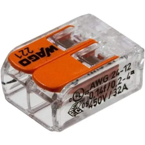 Клемма Wago 221-412, 2-х проводная для соединения проводов (Ваго), 10 шт