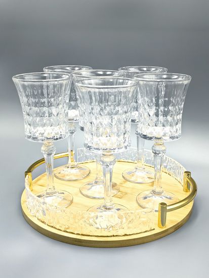 Поднос круглый 30 см. из бамбука с золотистыми ручками и бортиками из акрила