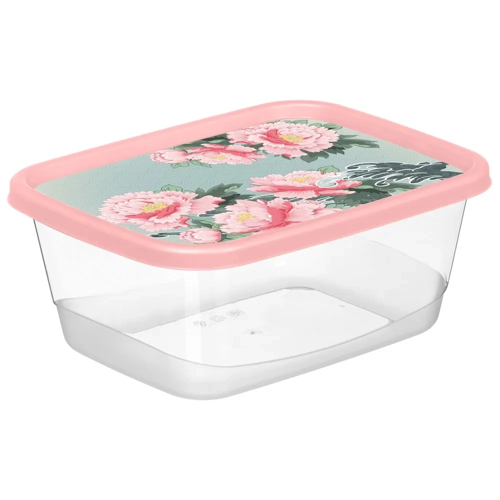Контейнер для продуктов прямоугольный 1,5л с декором "Сад пионов" (розовый)
