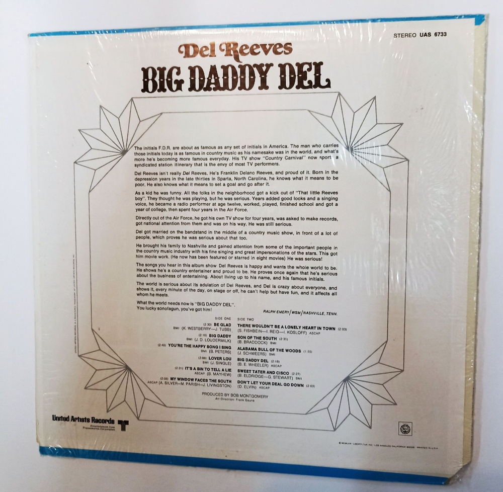 Винтажная виниловая пластинка LP Del Reeves Big Daddy Del (USA 1970)