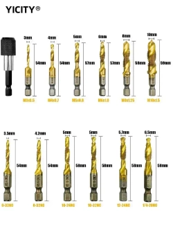 YICITY Набор сверл-метчиков длинные с титановым покрытием из быстрорежущей стали / В наборе 13шт