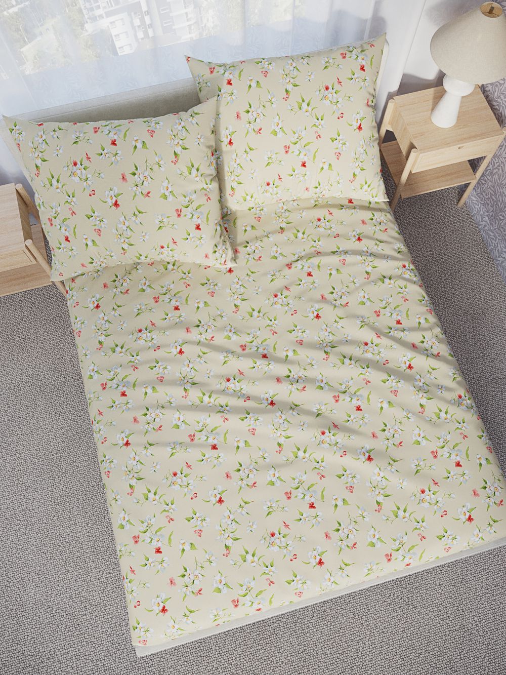 Постельное белье перкаль Сказка "Гортензия/Жасмин" семейное Наволочка 50х70 см 2 шт Простынь на резинке 160x200 см Пододеяльник 145x215 см 2шт