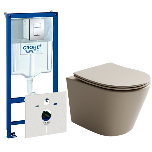 Комплект подвесной безободковый унитаз Ceramica Nova Balearica CN6000MC Капучино матовый с сиденьем Микролифт + инсталляция Grohe Rapid SL 38775001 4 в 1 с кнопкой смыва