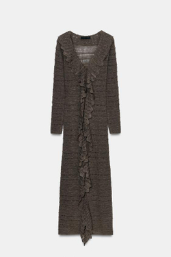 ZARA ПЛАТЬЕ ИЗ ТРИКОТАЖА POINTELLE С ВОЛАНАМИ, СЕРОВАТО-КОРИЧНЕВЫЙ