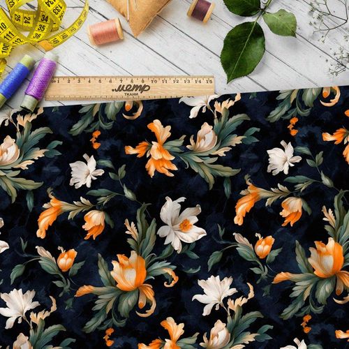 Ткань премиум сатин цветочная фантазия на черном