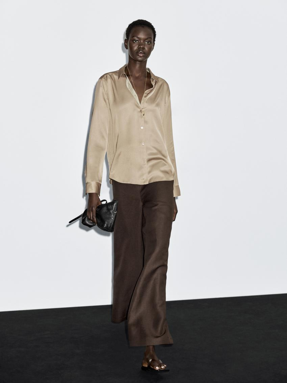 Massimo Dutti Рубашка из струящегося атласа, бежевый