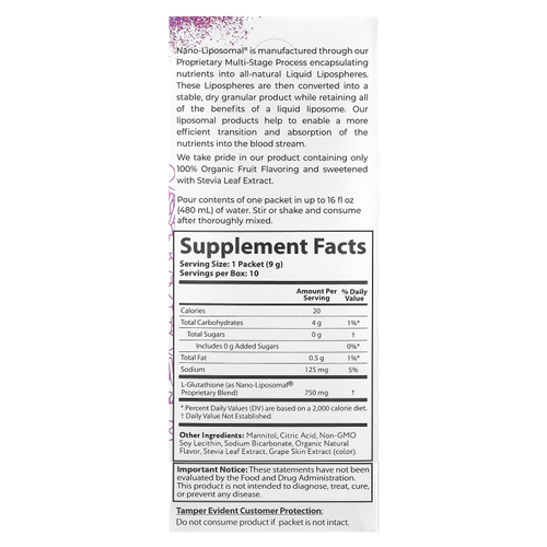 Aurora Nutrascience, Nano-Liposomal®, глутатион, смесь для липосомальных напитков, 10 пакетиков по 9 г (0,32 унции)