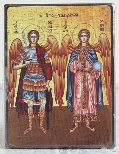 Икона под старину А4. Дерево, холст (Ангелы)