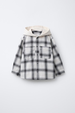 ZARA РУБАШКА В КЛЕТКУ С КАПЮШОНОМ ИЗ ФЛИСА, БЕЛЫЙ/ЧЕРНЫЙ