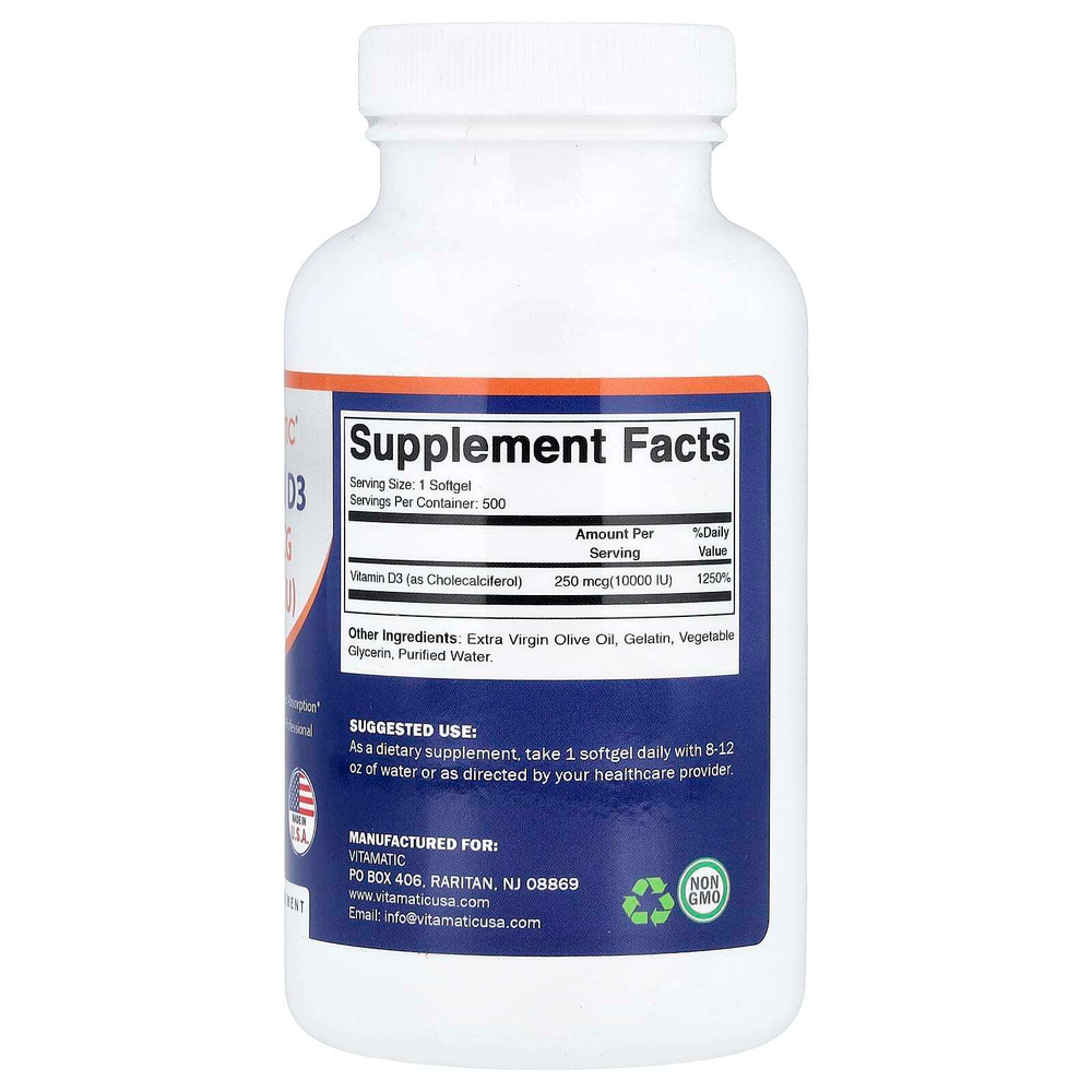 Vitamatic, витамин D3, 250 мкг (10 000 МЕ), 500 мягких таблеток