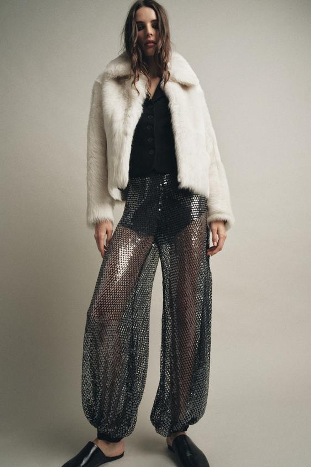 ZARA БРЮКИ-ШАРОВАРЫ С ПАЙЕТКАМИ — ZW COLLECTION, ЧЕРНЫЙ