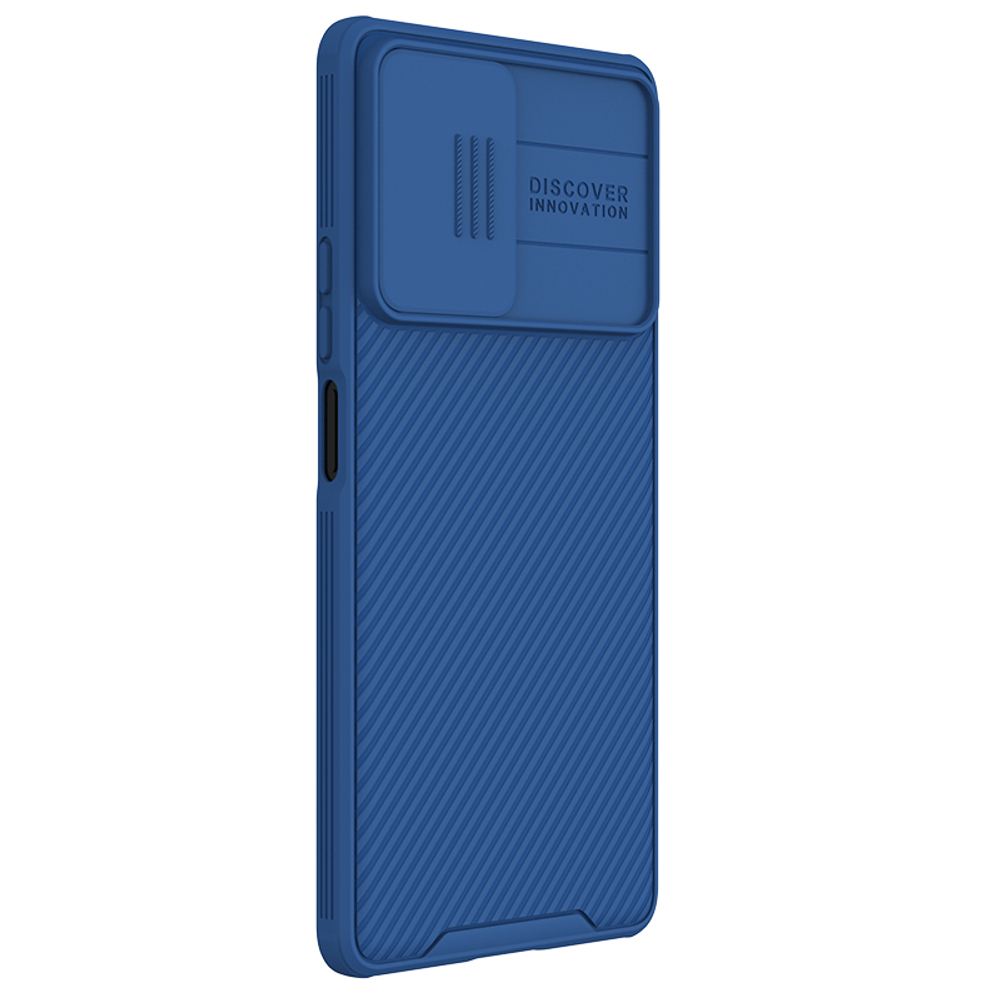 Чехол усиленный синего цвета на Xiaomi Redmi Note 12 Turbo и Poco F5 от Nillkin, серия CamShield Pro, сдвижная шторка для защиты камеры