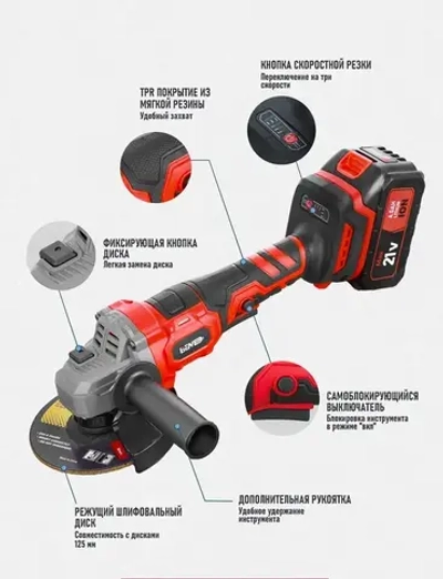 УШМ болгарка бесщеточная 125 с регулировкой оборотов аккумуляторная 21 В с аккумуляторами 4,0 Ач 2 АКБ,6 шт.Шлифовальный круг И Переносной ящик для инструментов