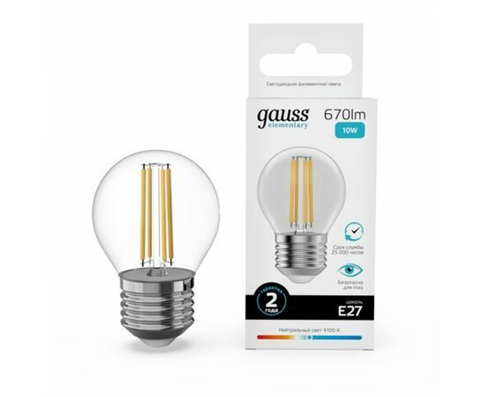 Лампа Gauss Filament Elementary Шар 10W 670lm 4100К Е27 LED 52220