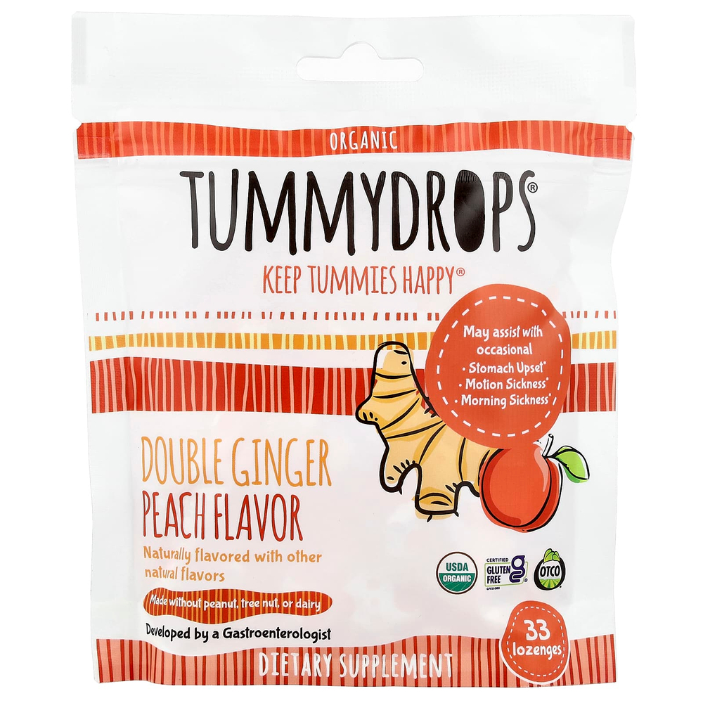 Tummydrops, органические леденцы с двойным имбирем и персиком, 33 пастилки