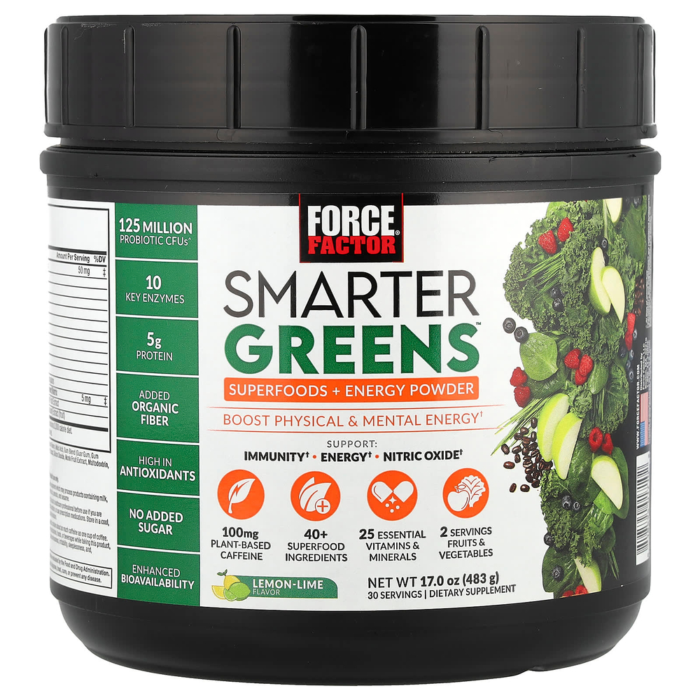 Force Factor, Smarter Greens ™, суперфуды + энергетический порошок, лимон и лайм, 483 г (17 унций)