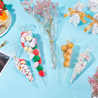 Пакеты-конусы 18х37 см БОПП 100/500 штук прозрачные в комплекте со скрутиками