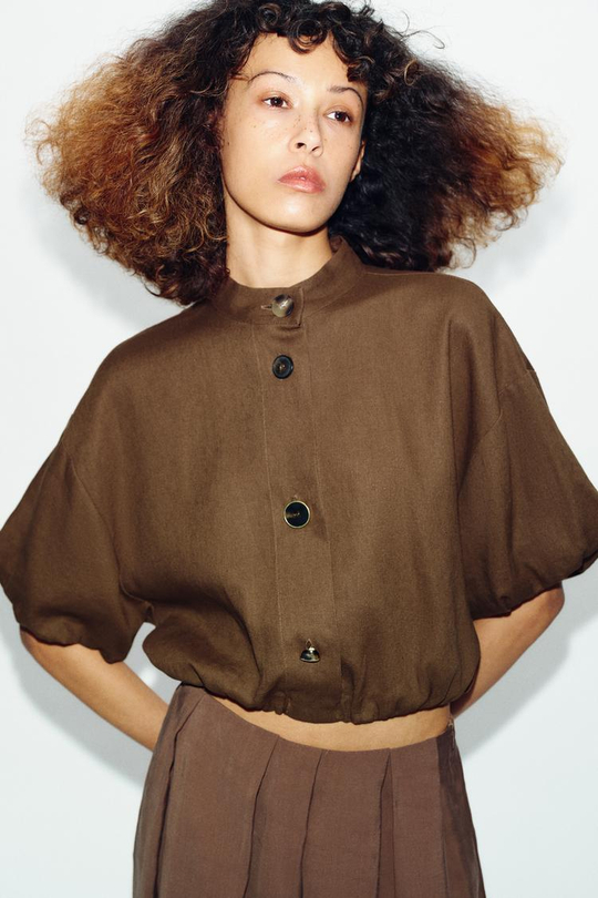 ZARA РУБАШКА ИЗ СМЕСОВОГО ЛЬНА, СЕРОВАТО-КОРИЧНЕВЫЙ